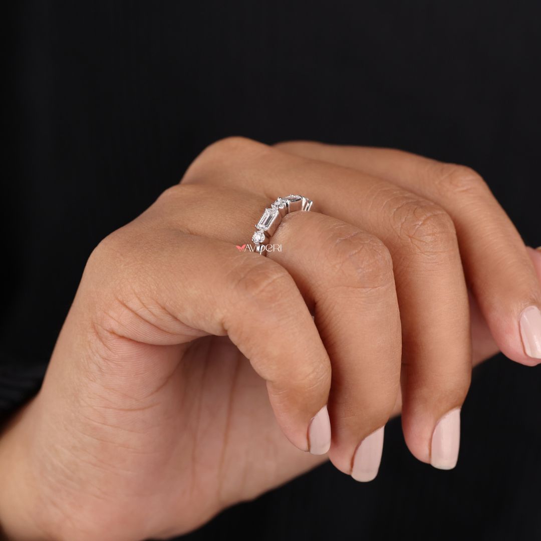 Moissanite wedding band delivers brilliant shine with ethical, lasting beauty.

