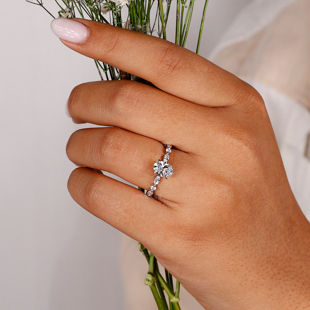 White Gold engagement ring, Marquise and Round Side Stones, Lab Grown Diamond, handmade ring
