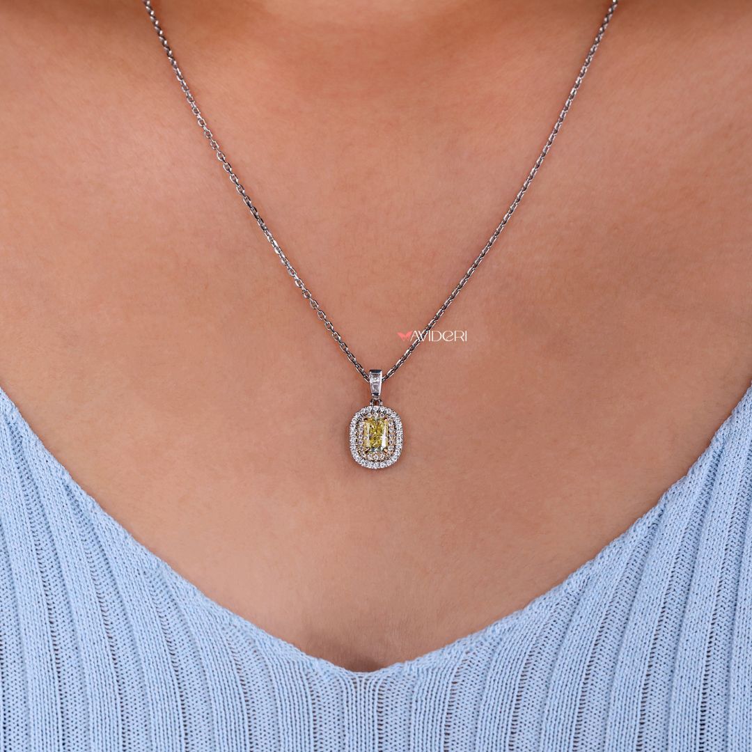 Luxury halo pendant with radiant moissanite by Avideri.