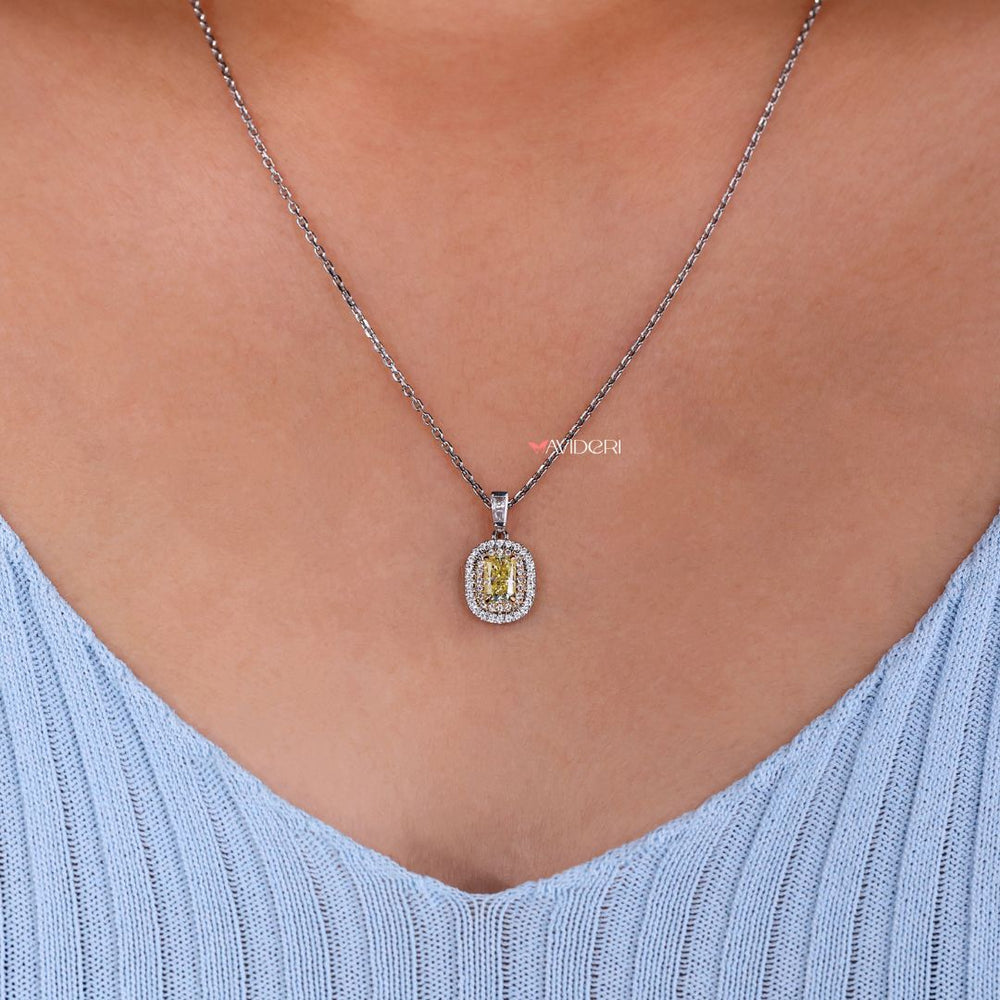 Luxury halo pendant with radiant moissanite by Avideri.