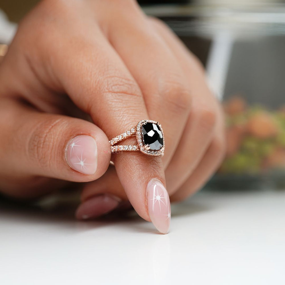 Black moissanite ring with a rose cut design for a bold statement.
