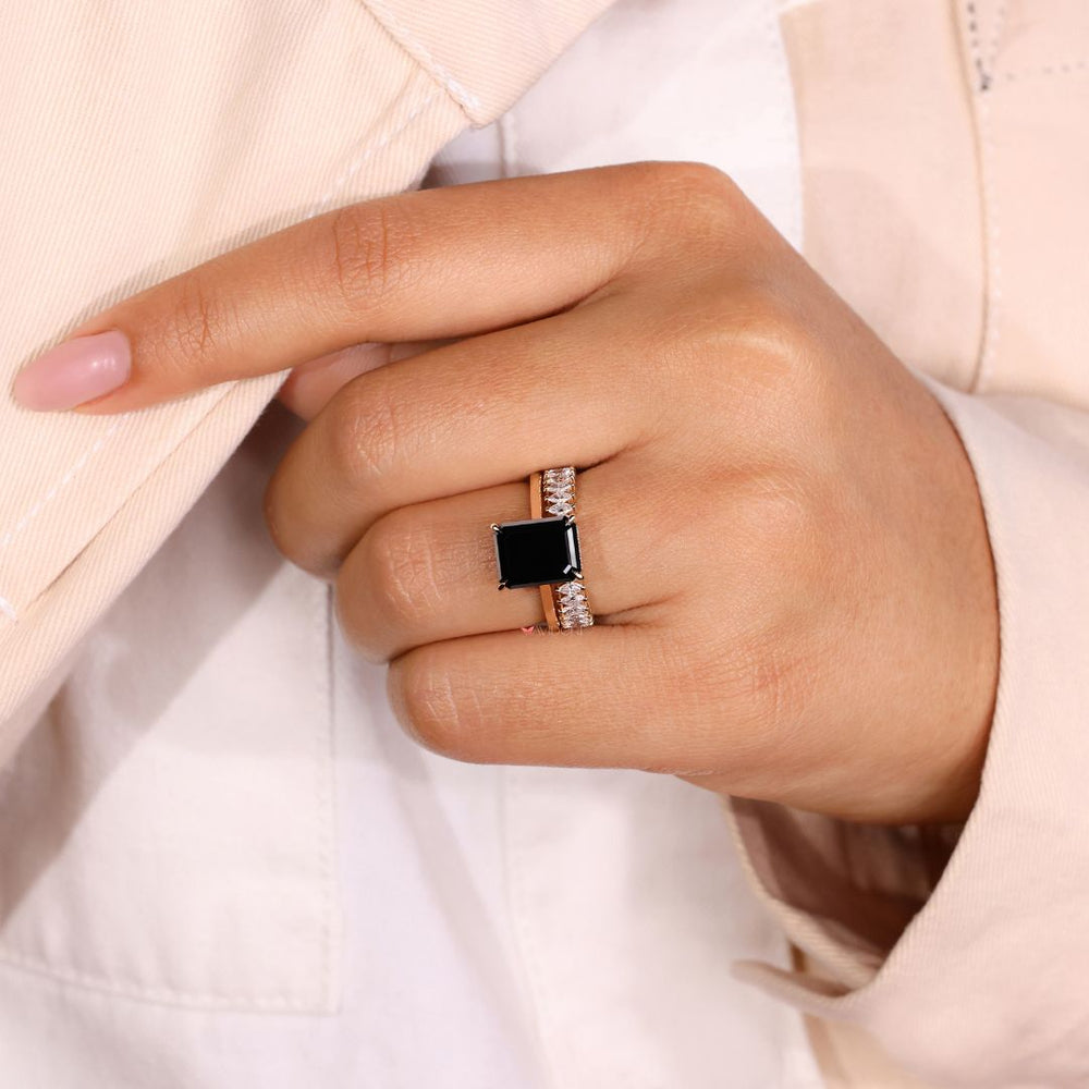 Moissanite bridal set handmade jewelry Black Moissanite Ring Hidden Halo Setting.