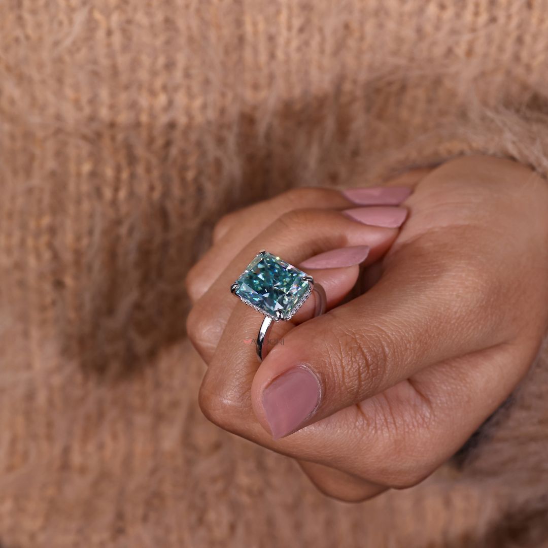 A moissanite engagement ring blends beauty and ethical sparkle.
