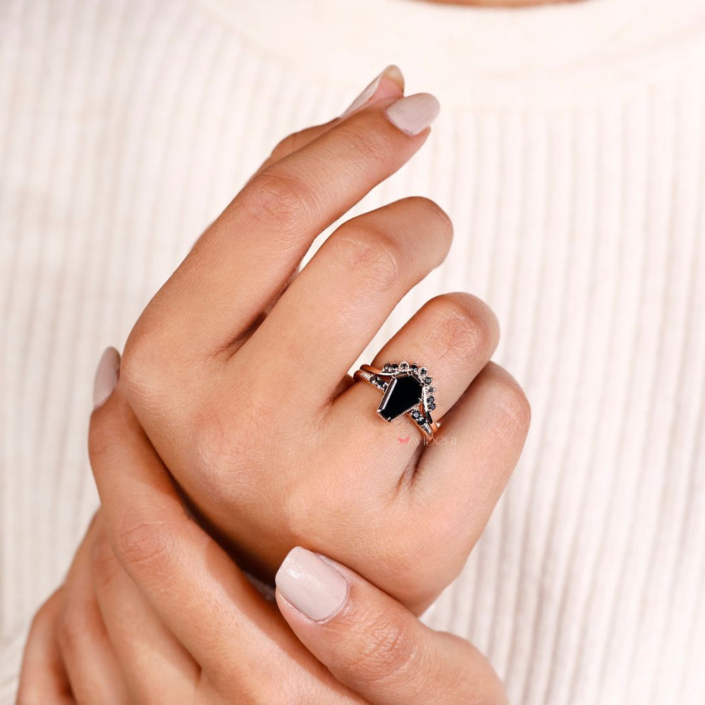 Handmade bridal set with a coffin engagement ring for a personalized touch.