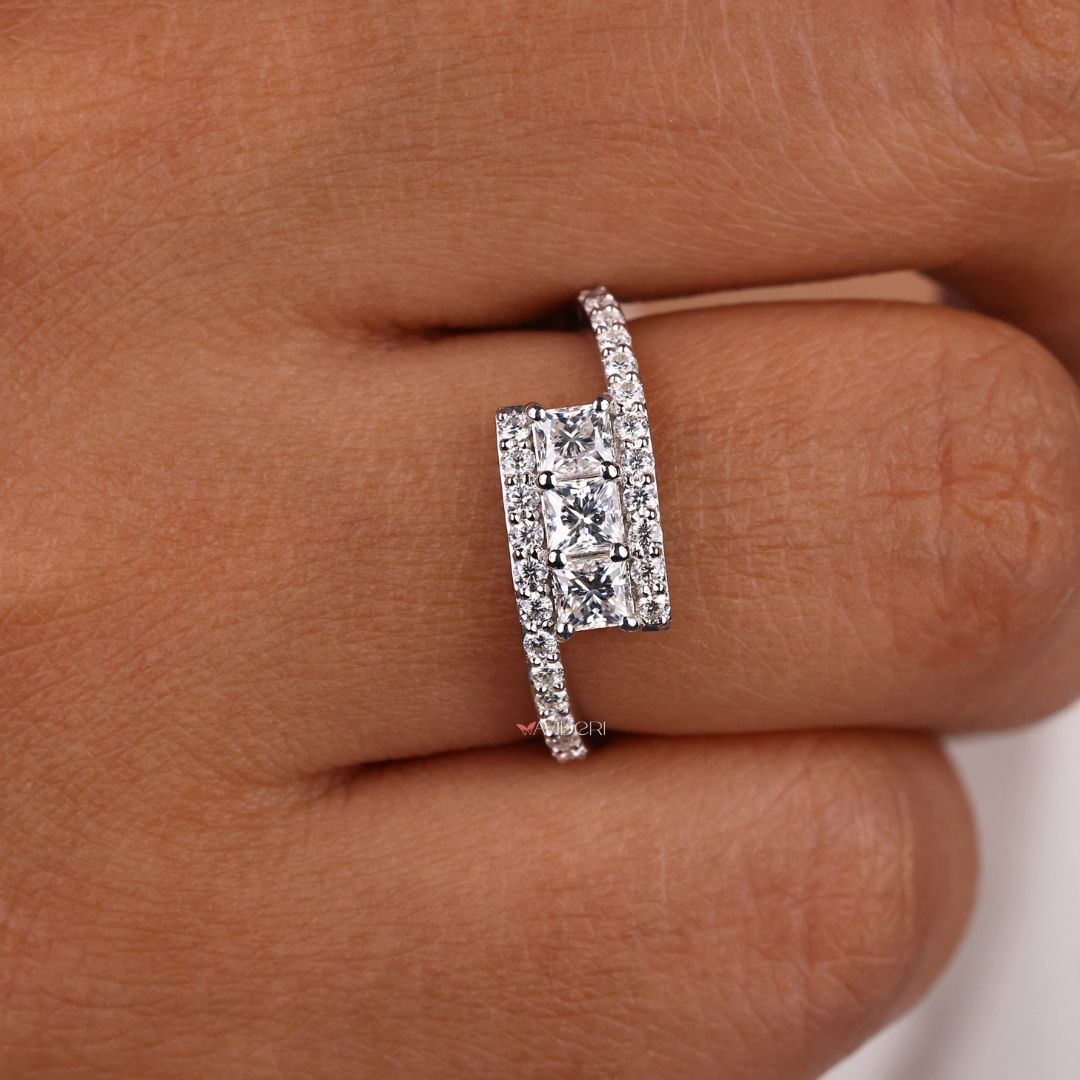 Princess cut moissanite ring, round engagement ring, white gold ring

