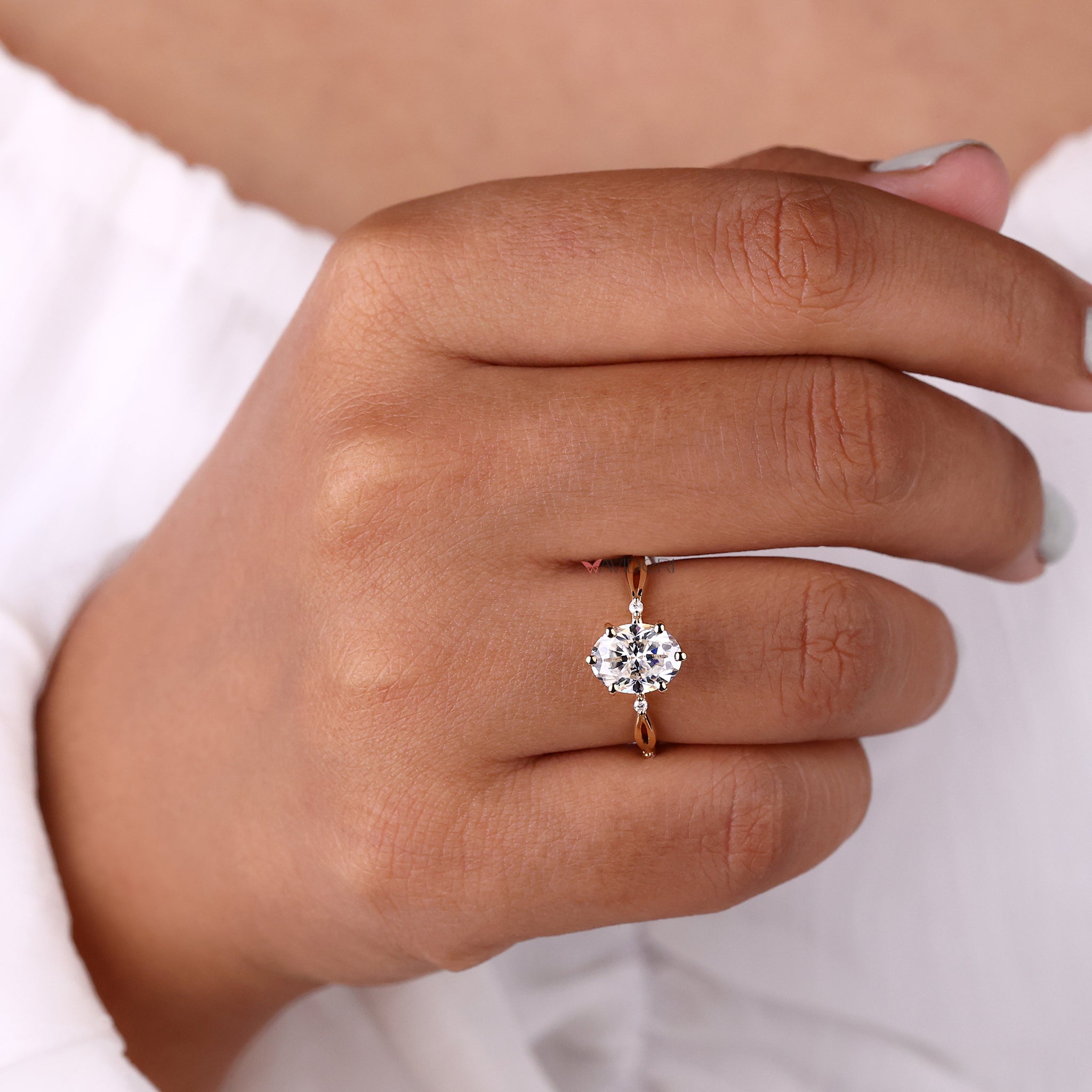Moissanite engagement ring designed with a brilliant sparkle.
