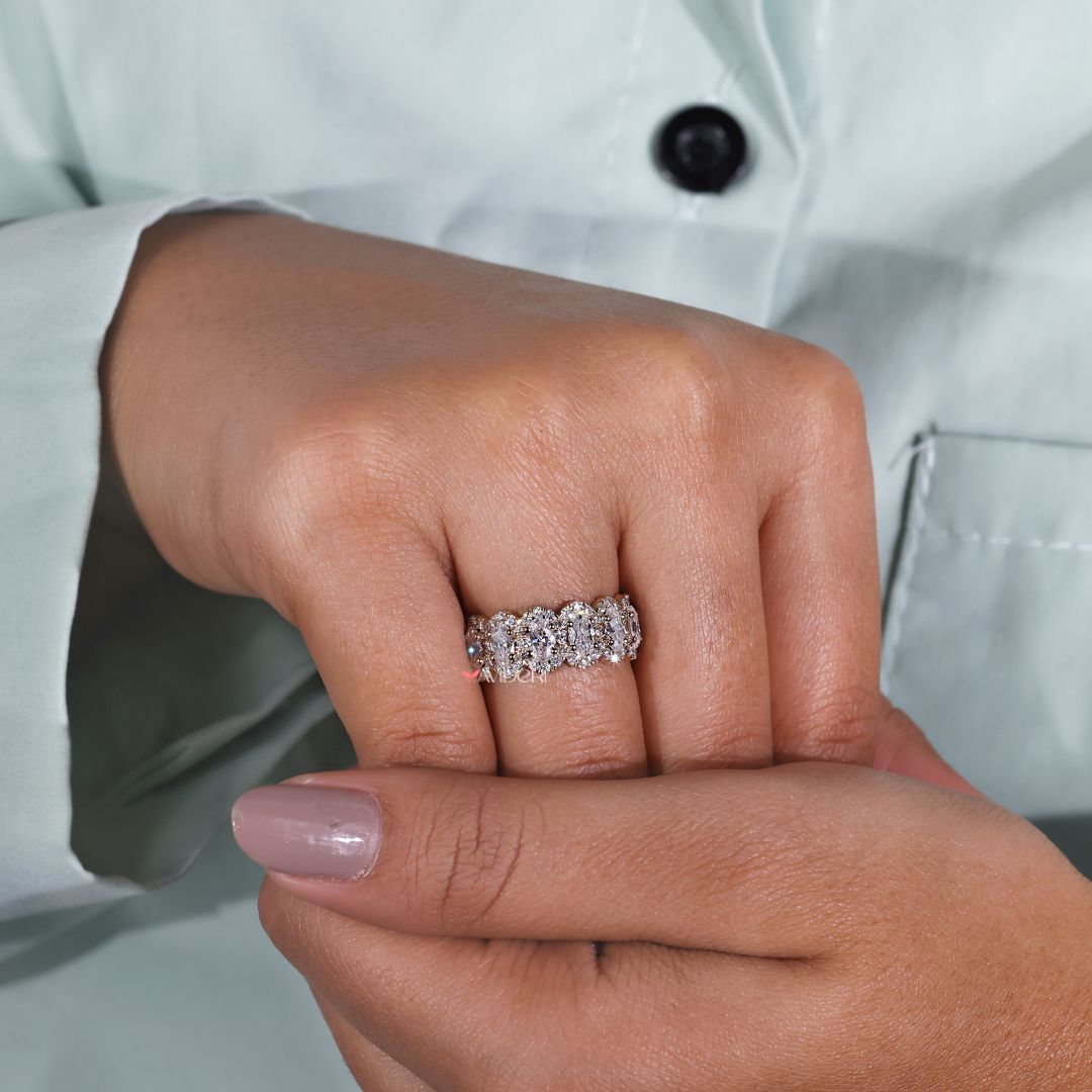 Prong setting holding a unique wedding band.