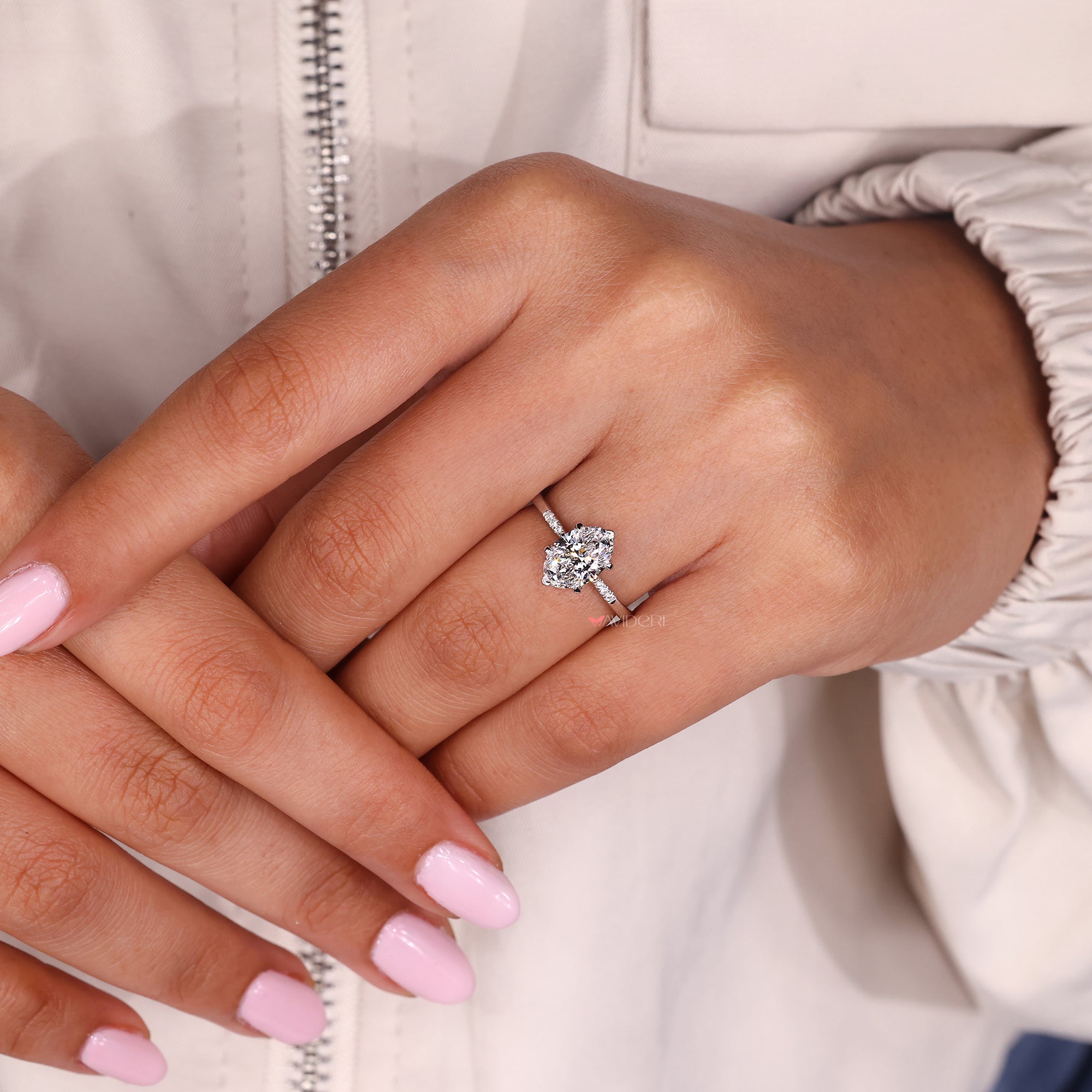 Custom lab grown diamond ring in v prong style.