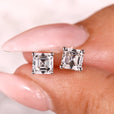 Asscher cut diamond stud earrings with bright lab grown diamonds.