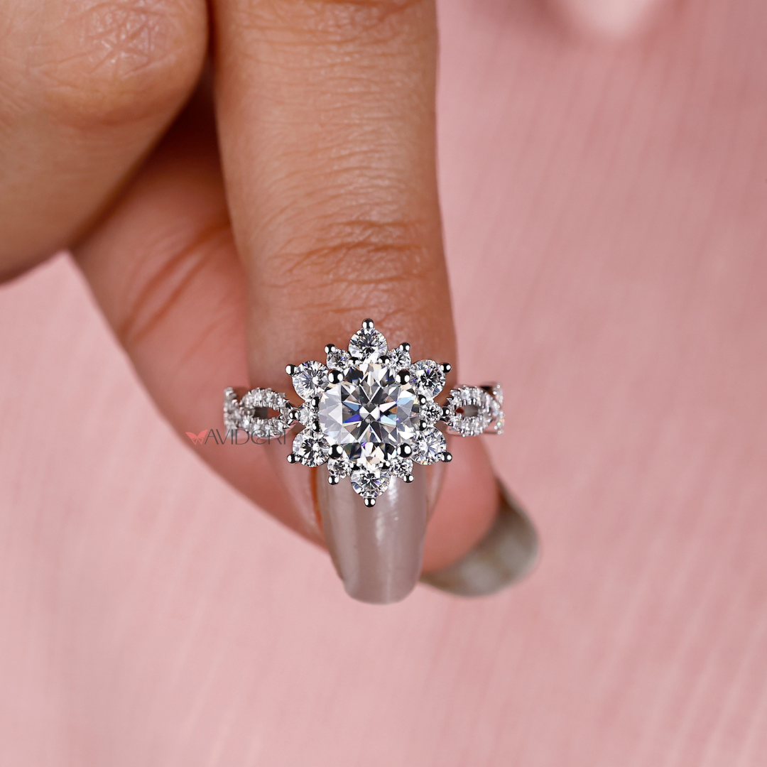 The halo setting ring enhances the center stone beautifully from all angles.

