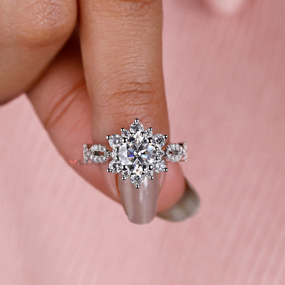 The halo setting ring enhances the center stone beautifully from all angles.
