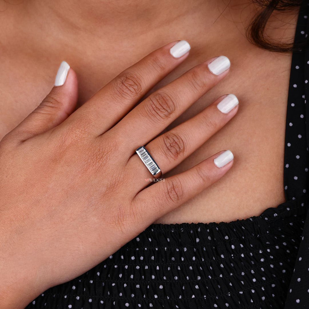 White gold band pairs beautifully with moissanite for an elegant, refined finish.
