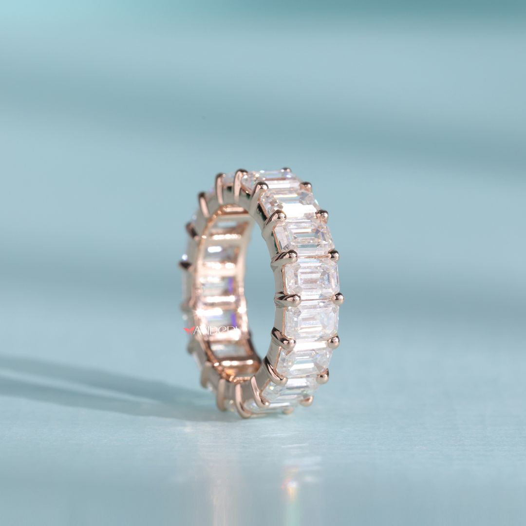 Moissanite wedding band combines radiant shine with ethical craftsmanship.
