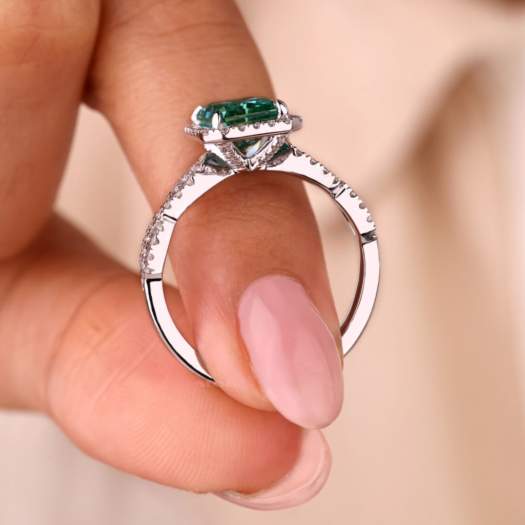 A radiant cut moissanite ring with White Gold.
