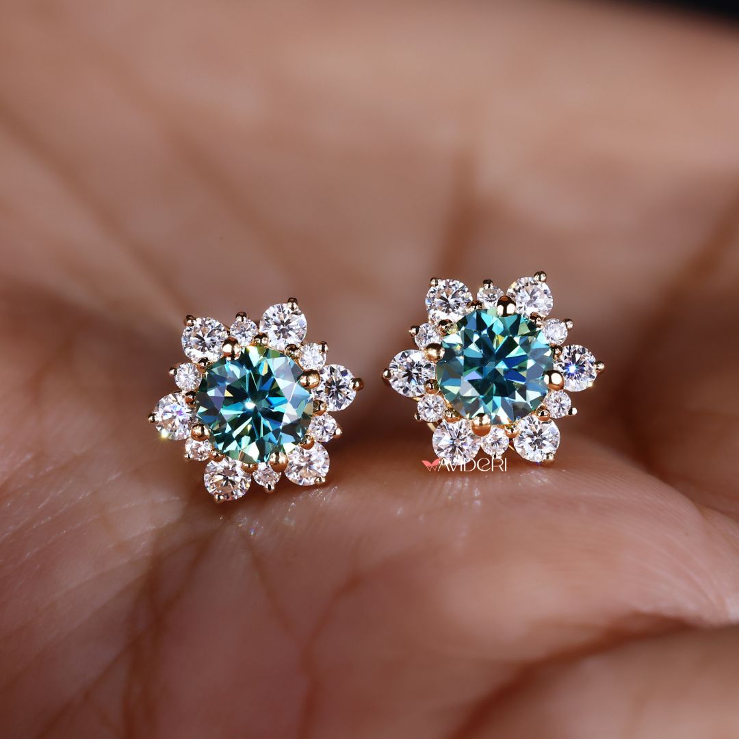 Yellow gold earrings with a beautiful cluster flower and Moissanite.