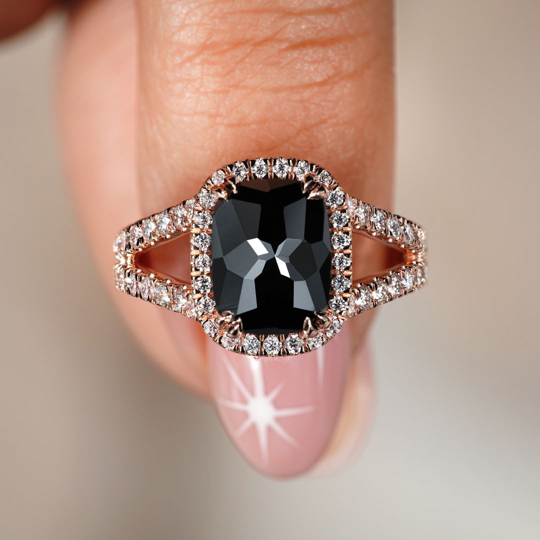 Halo engagement ring with a rose cut ring for added brilliance.

