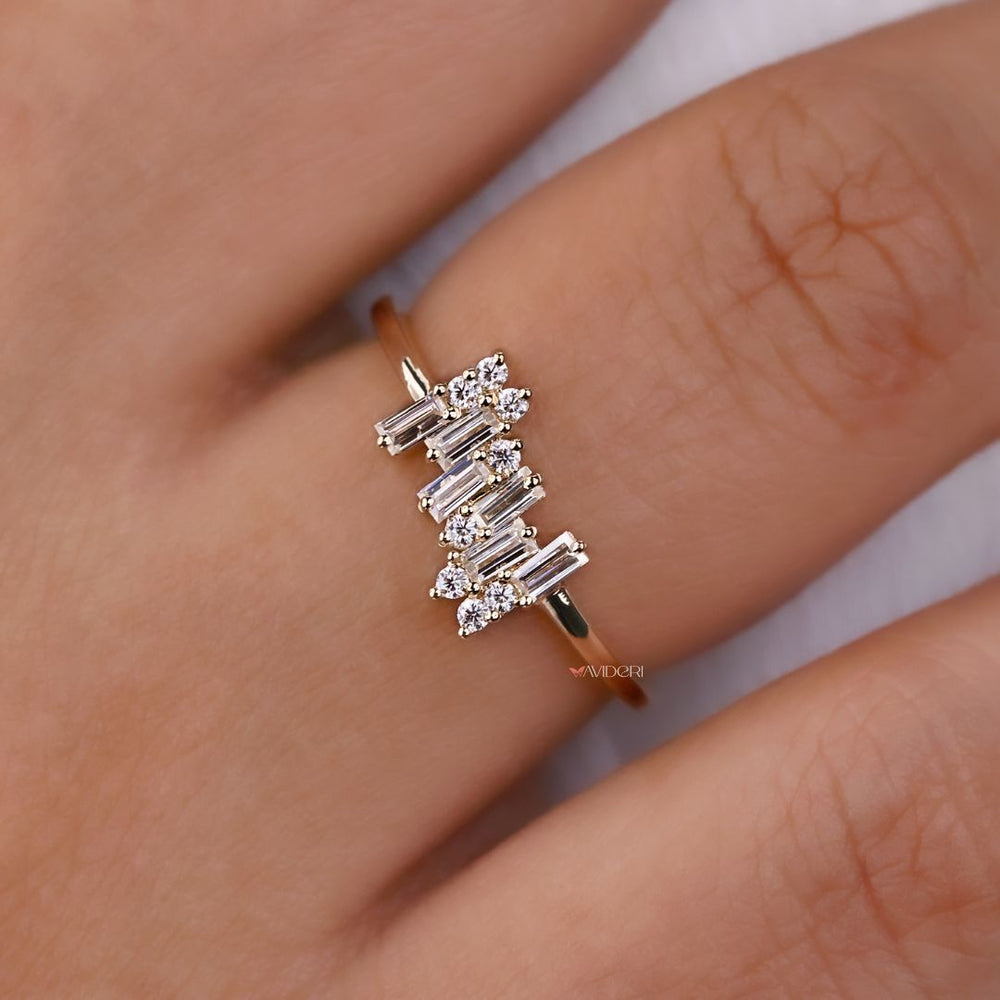 A baguette moissanite ring with clean, straight stones.
