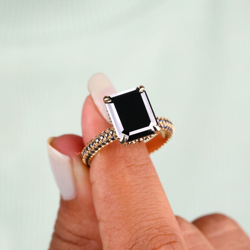 Gold emerald cut ring, three side pave setting ring, milgrain ring
