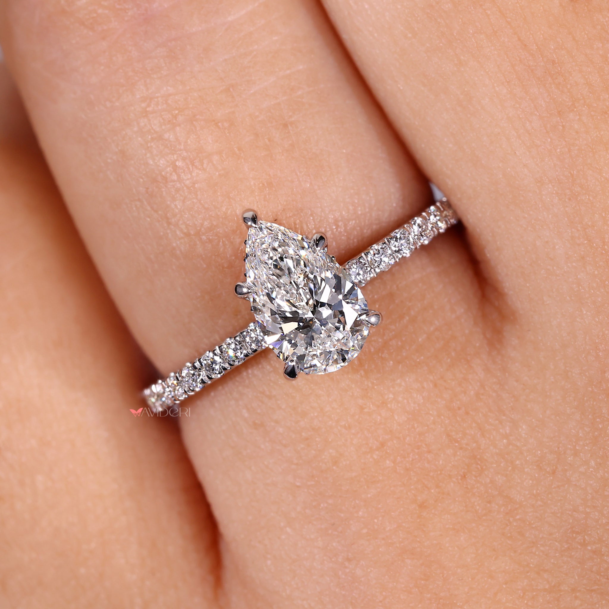 Claw Prong Pear Ring with a secure setting for the pear-shaped diamond.