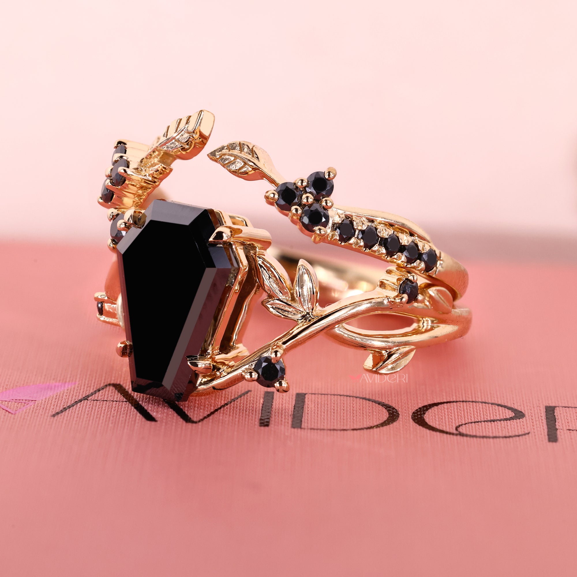 Custom bridal set with nature style band and black moissanite ring.