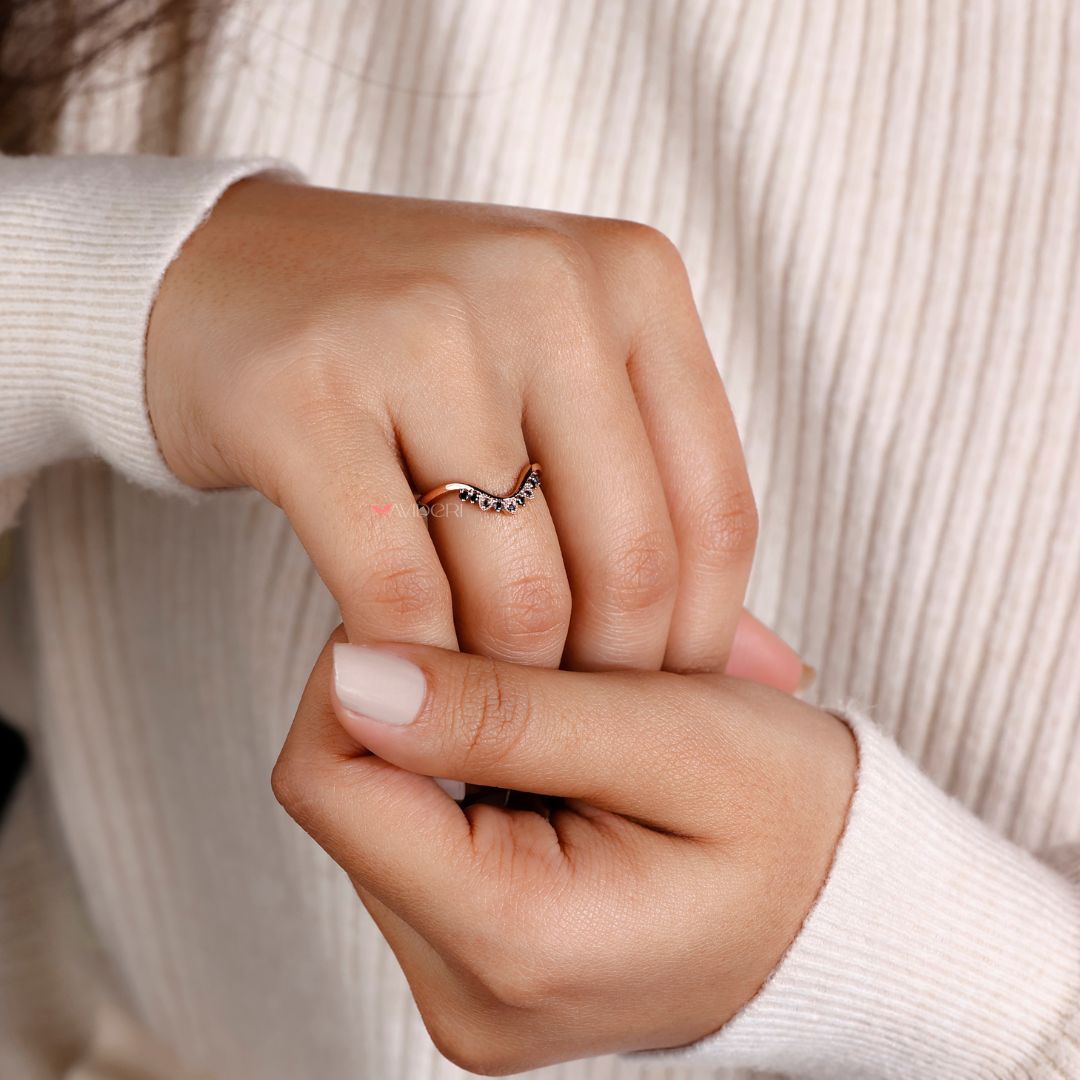 Black Moissanite wedding band with unique design.
