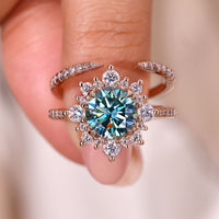 Halo Engagement Ring With Wedding Band In Rose Gold