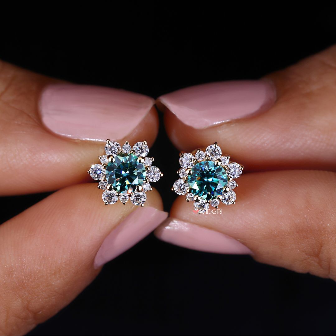 Handmade earrings featuring a halo cluster of Moissanite stones.