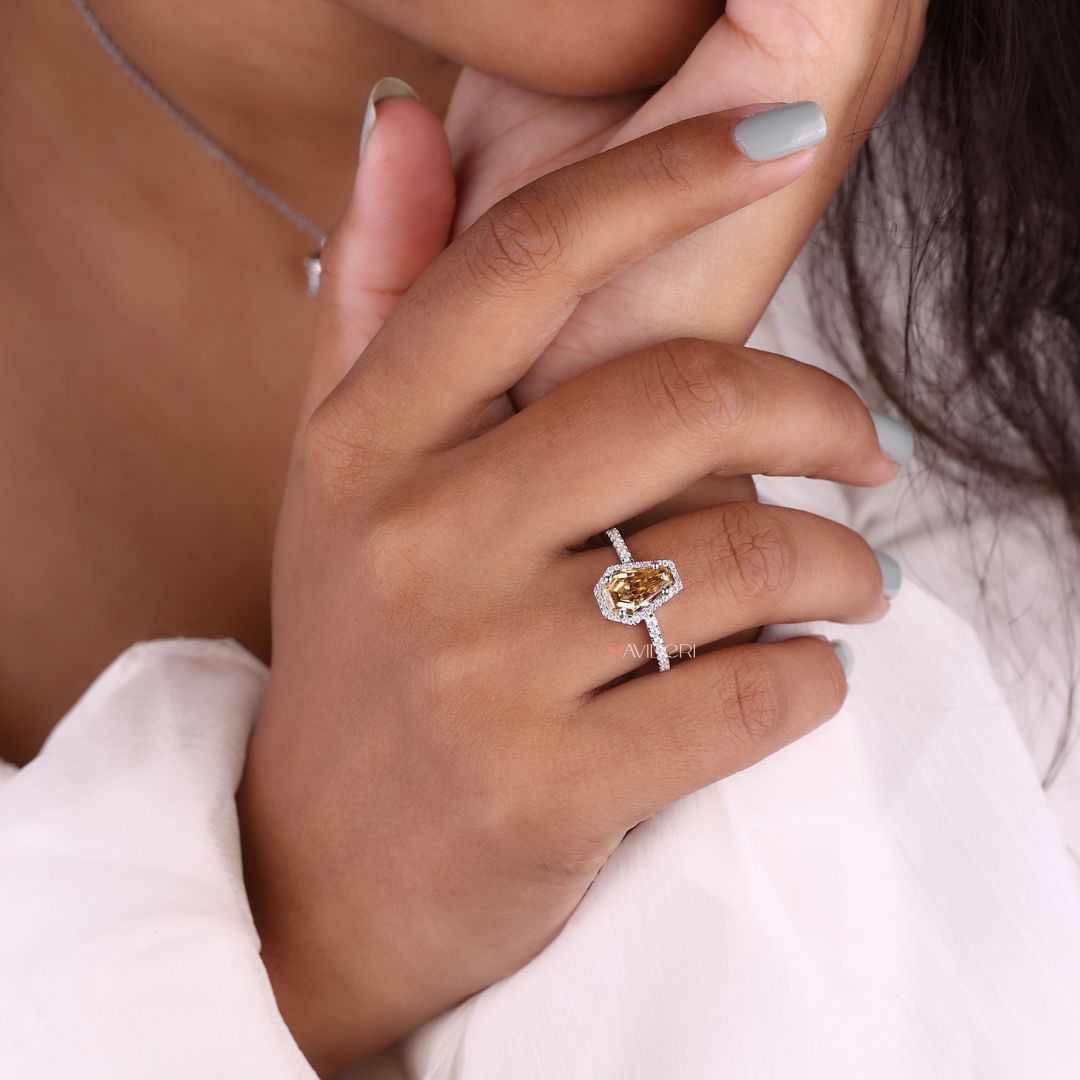 Diamond halo wedding ring set by Avideri for a stunning look.
