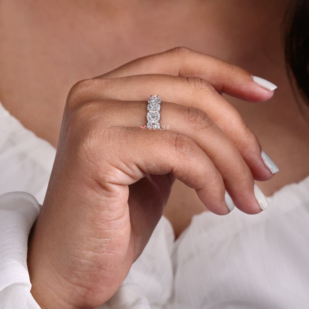 White gold band provides a sleek base for any engagement ring or wedding set.
