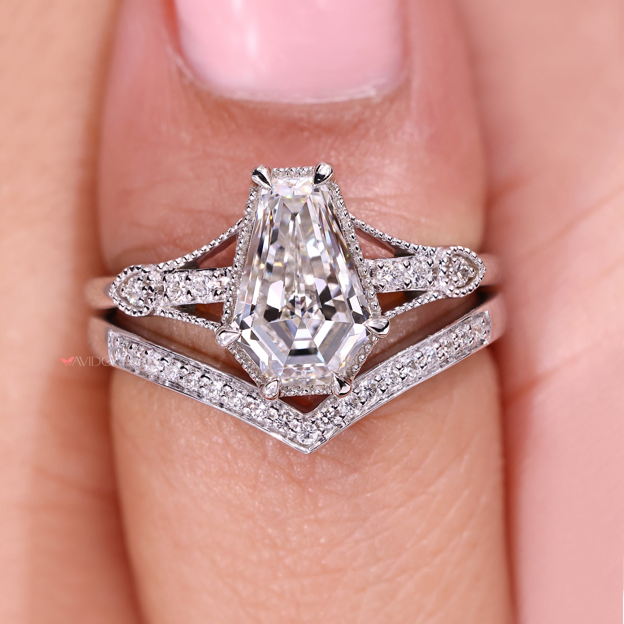 Curved wedding band paired with vintage milgrain engagement ring.