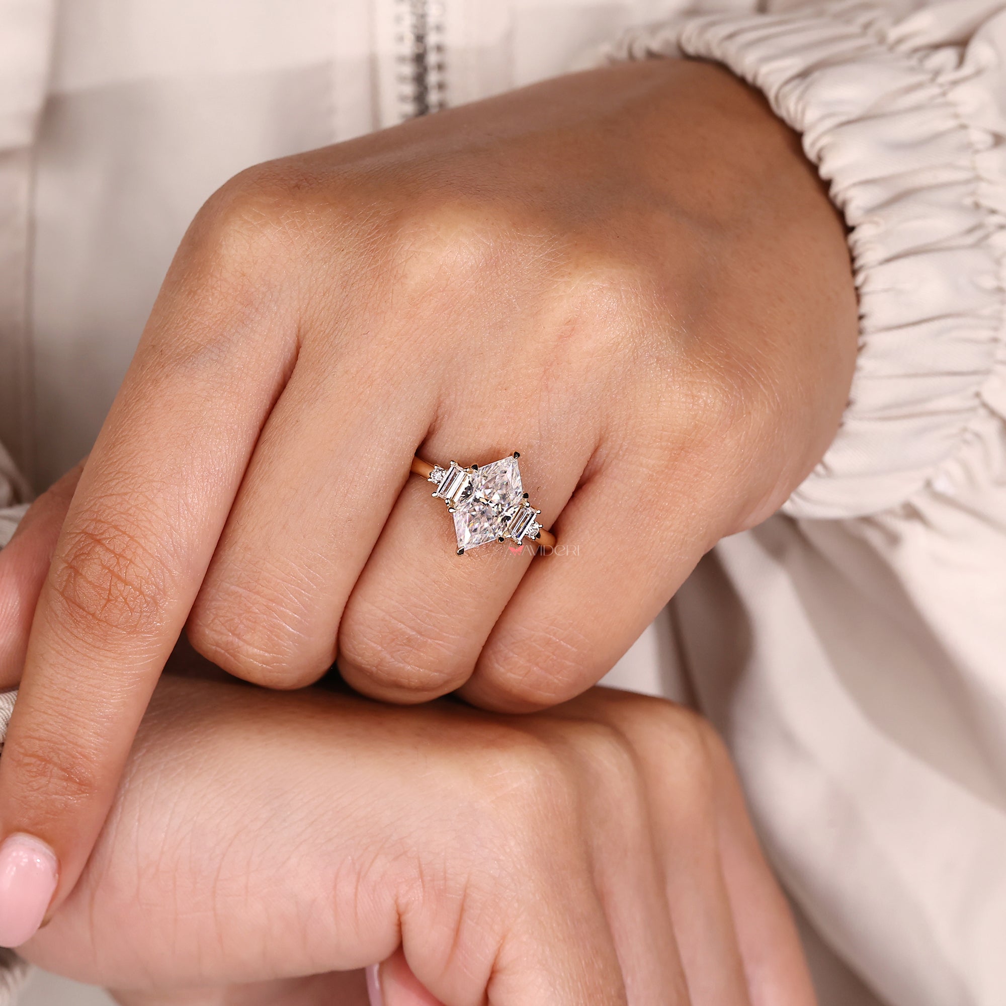 Moissanite engagement ring with handmade ring design.