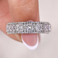 White gold princess cut wedding band with halo setting.