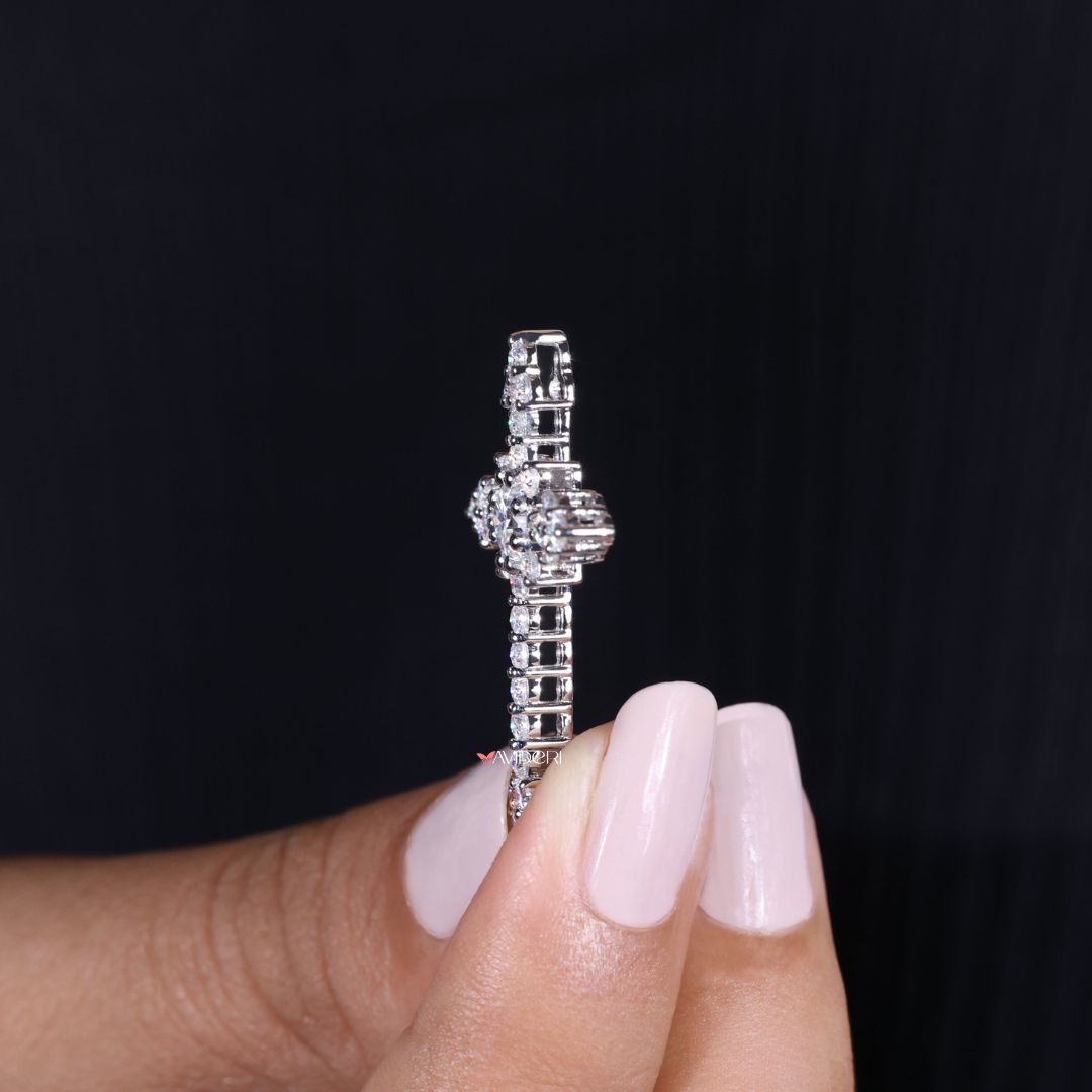 Round cut moissanite cross pendant shines with precise craftsmanship and brilliance.