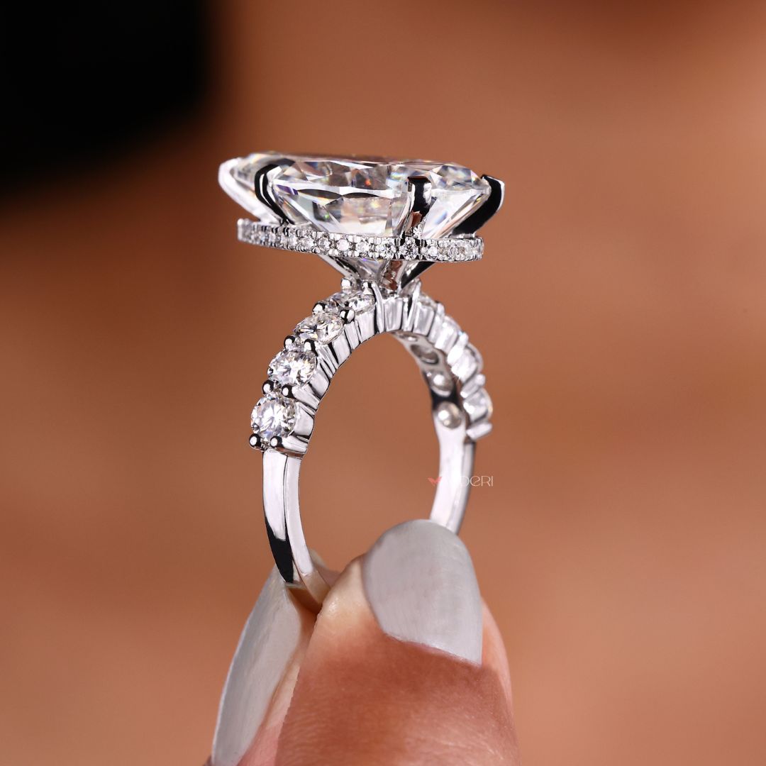 Unique moissanite ring featuring a 5 prong setting.
