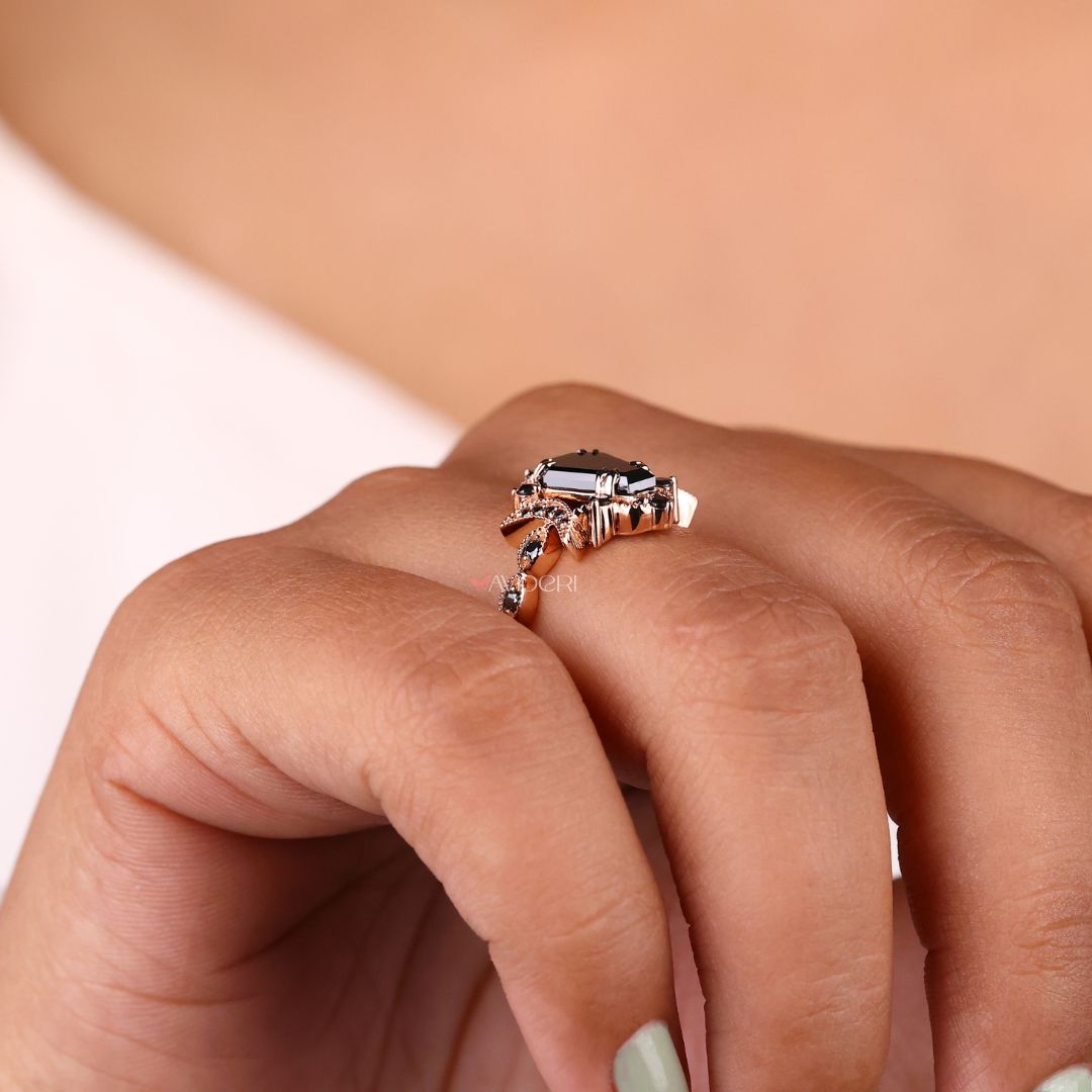 Milgrain engagement ring with a coffin design for added vintage appeal.