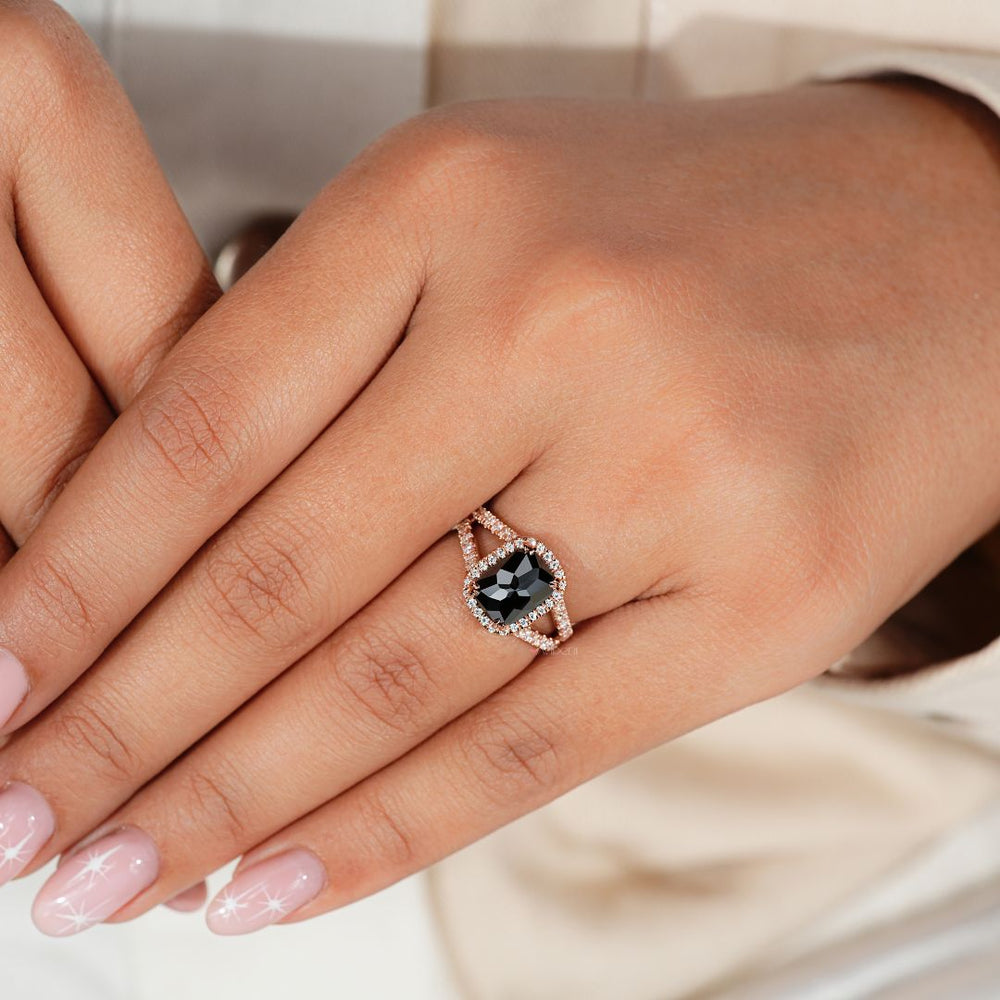 Split pave setting ring featuring a unique rose cut stone.

