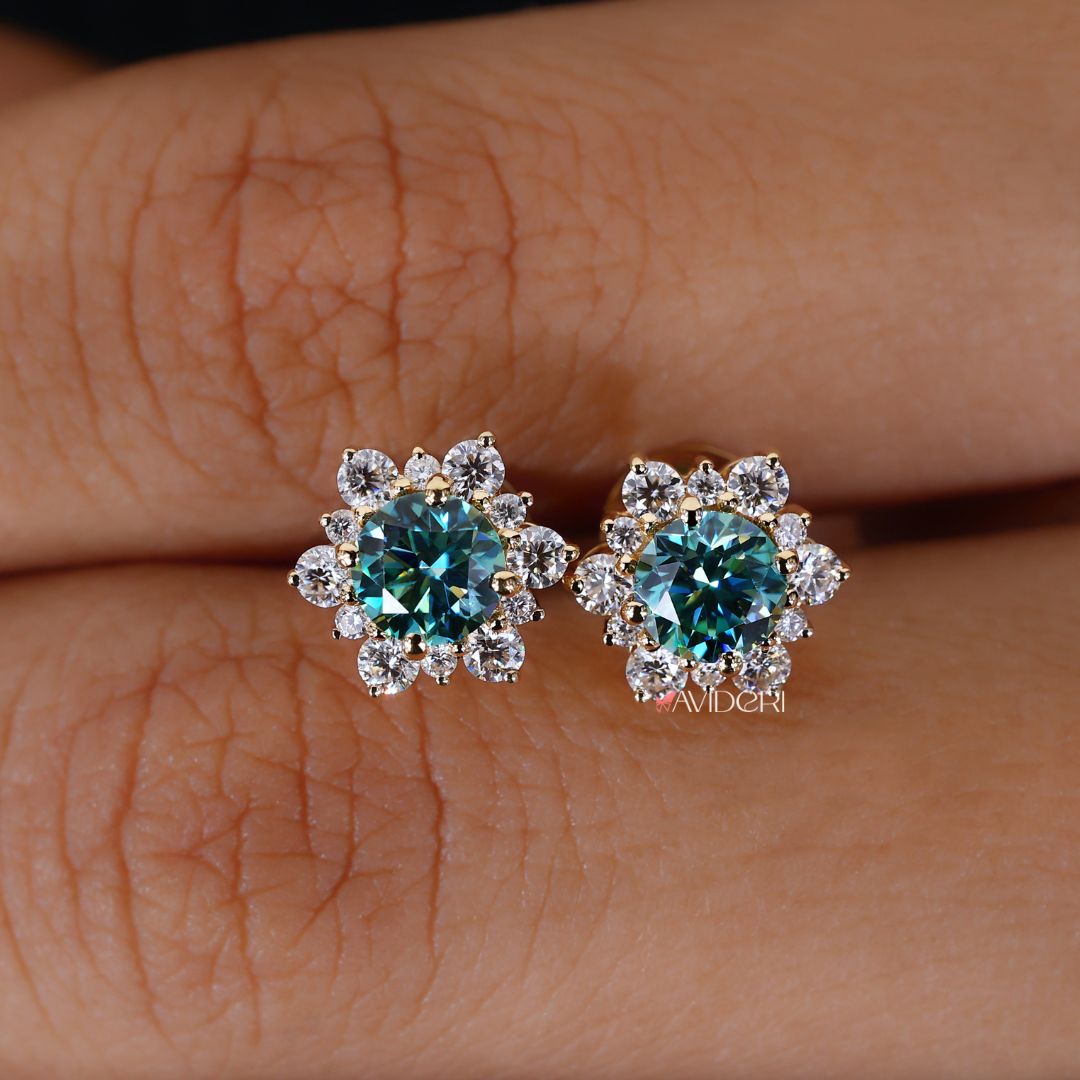 Cluster Flower Earrings in cyan blue with a round cut design.