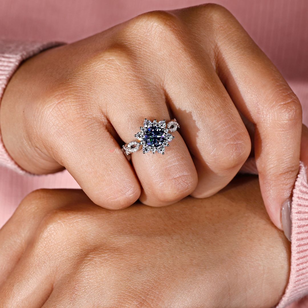 Moissanite engagement ring featuring a dazzling center stone with vibrant fire.

