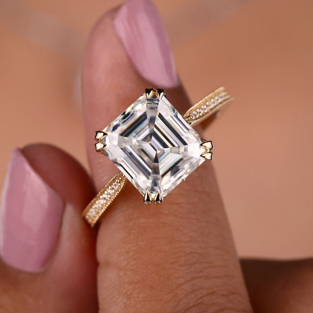 Elegant Asscher engagement ring with milgrain details
