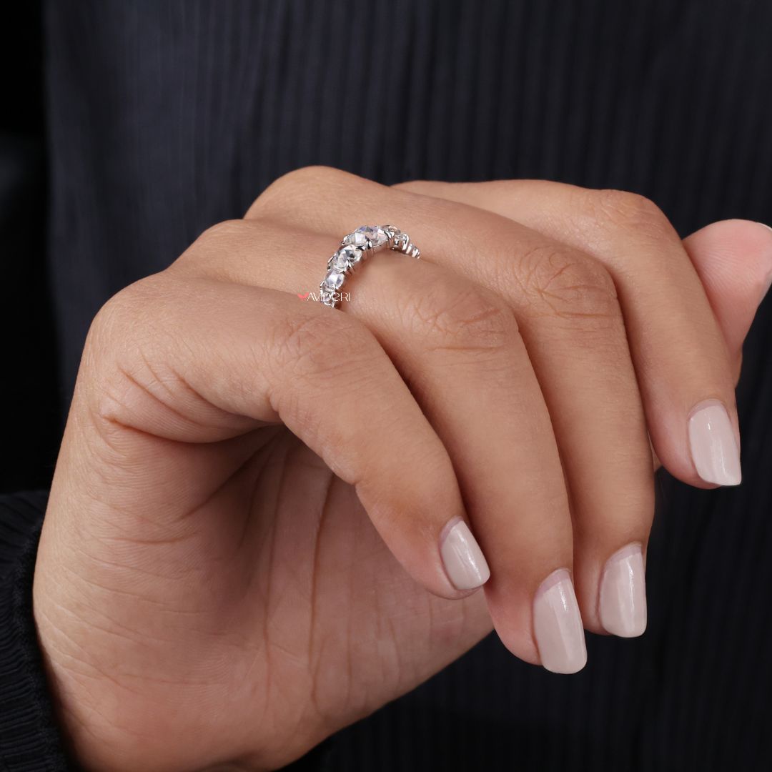 Round rose cut moissanite adds soft glow with vintage-inspired sparkle.
