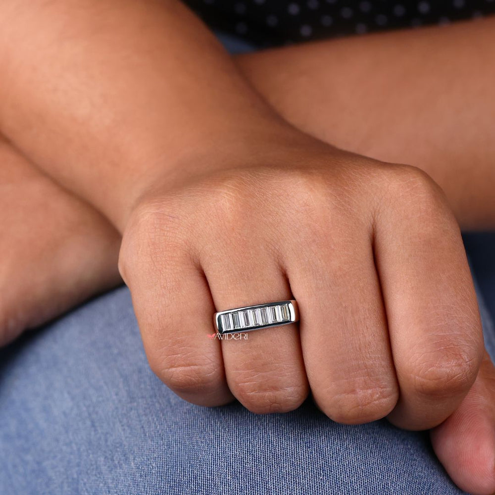 Baguette wedding band highlights clean lines with stunning baguette moissanite stones.
