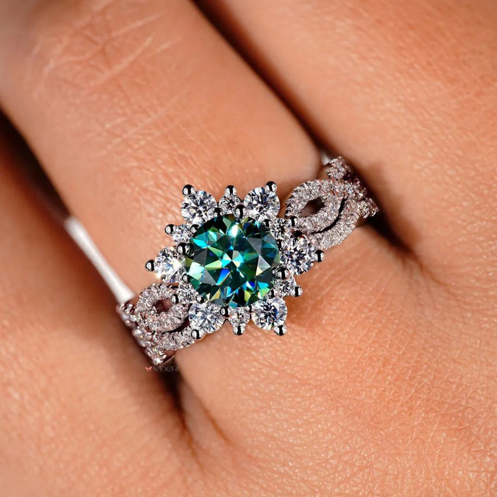Round cut moissanite band adds soft sparkle with each stone.