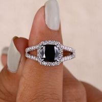 Black Elongated Cushion Cut Engagement Ring - Split Pave Style