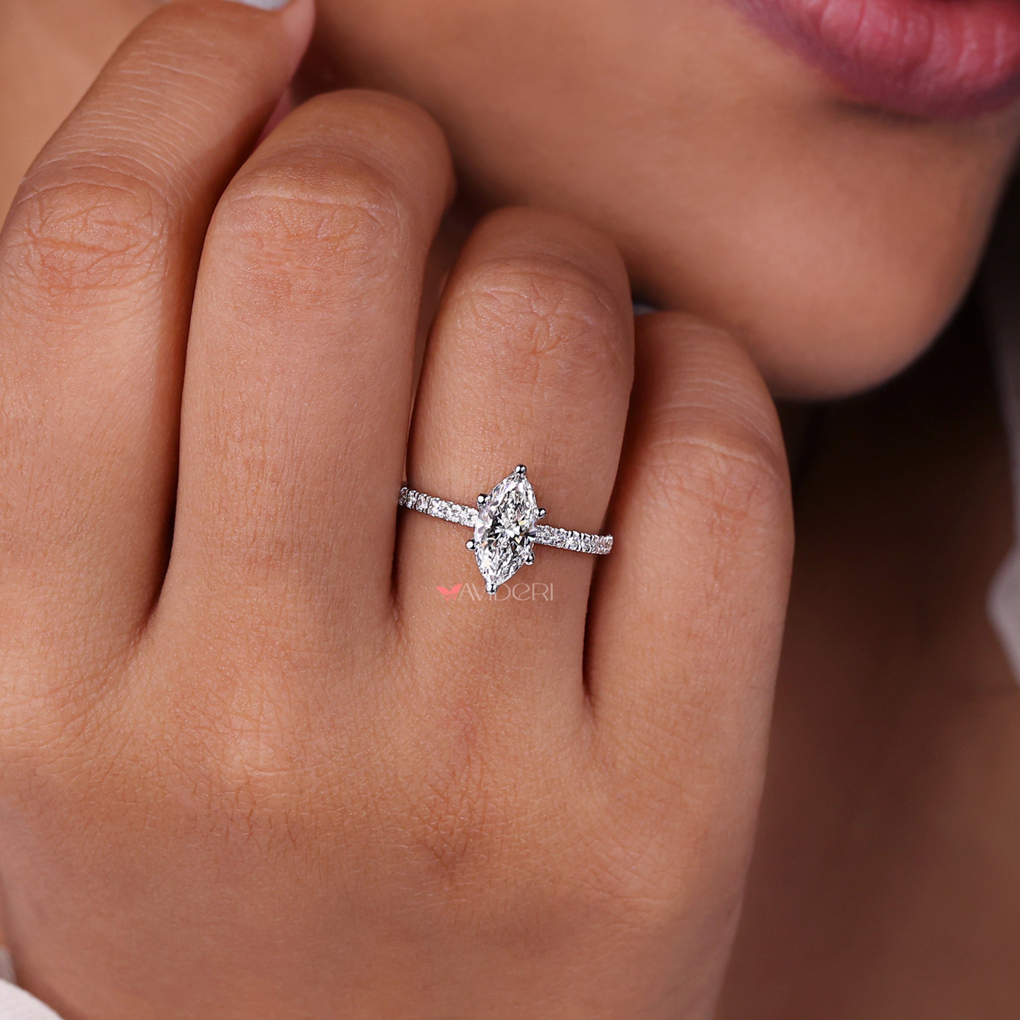 Marquise cut diamond ring with a timeless design.
