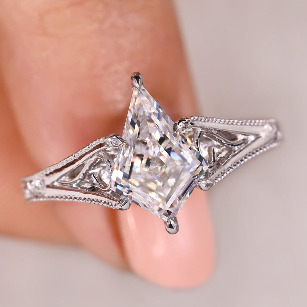 Kite cut diamond engagement ring in vintage style.