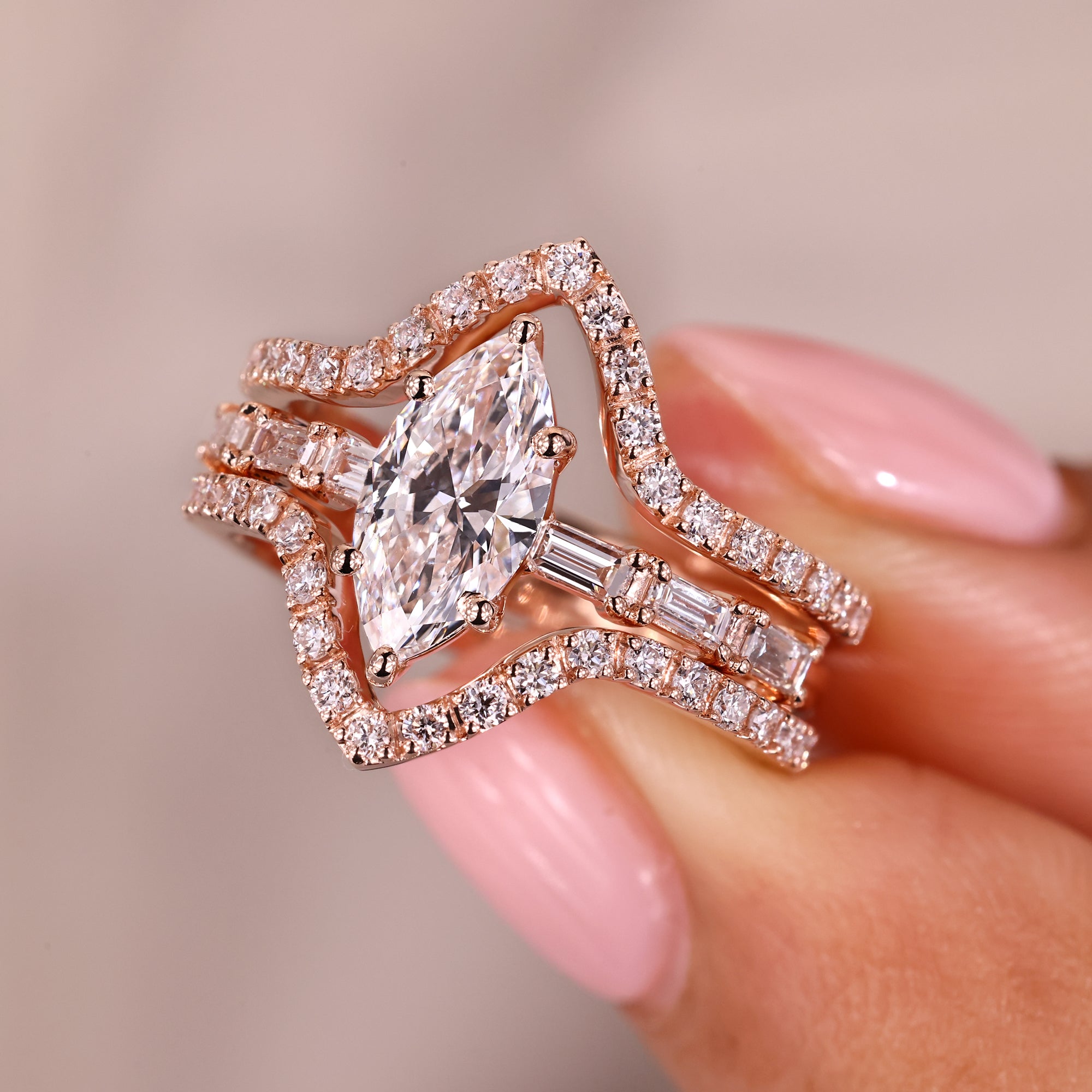 Wrap guard wedding band with round diamond wedding band.