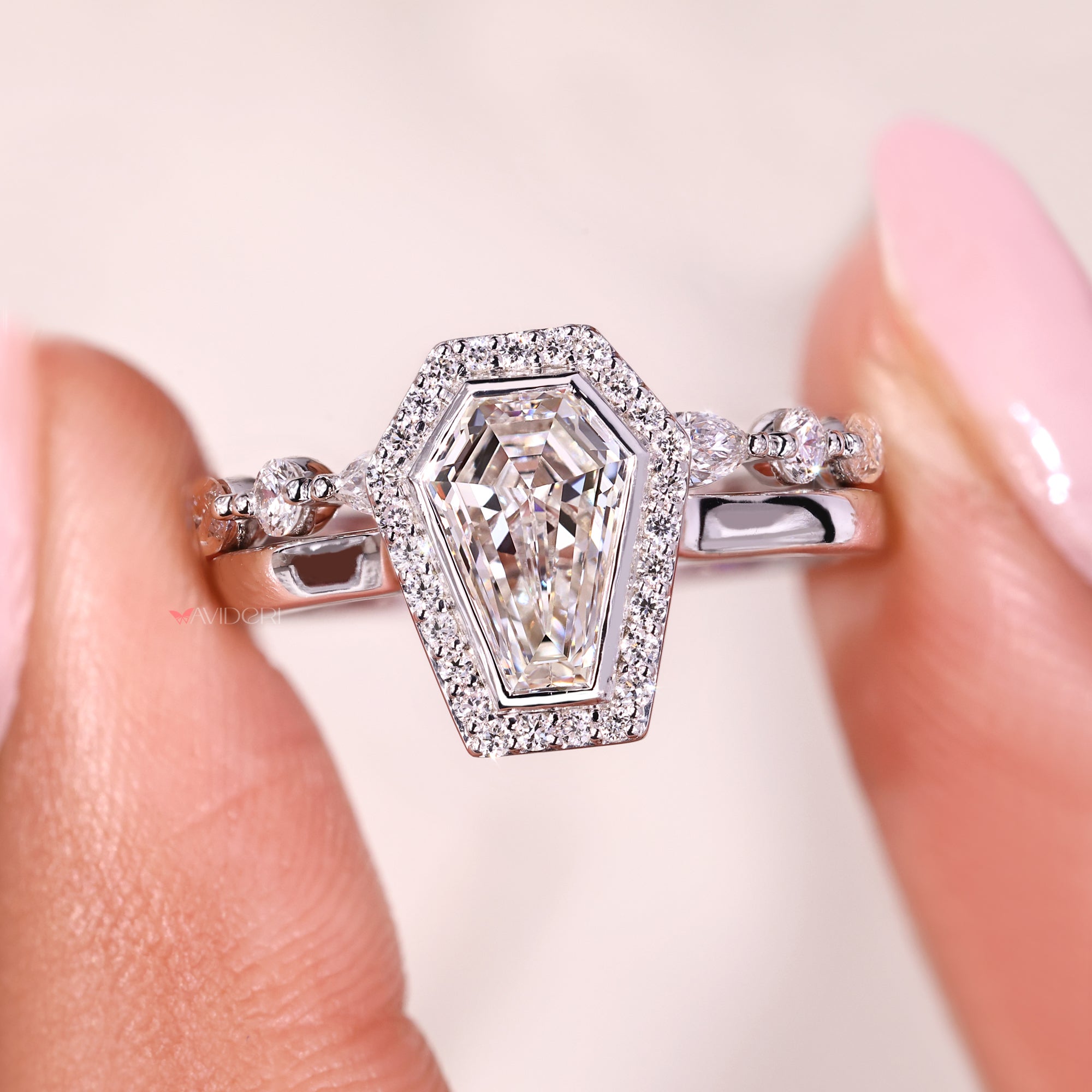 Round cut wedding band with lab grown diamonds.