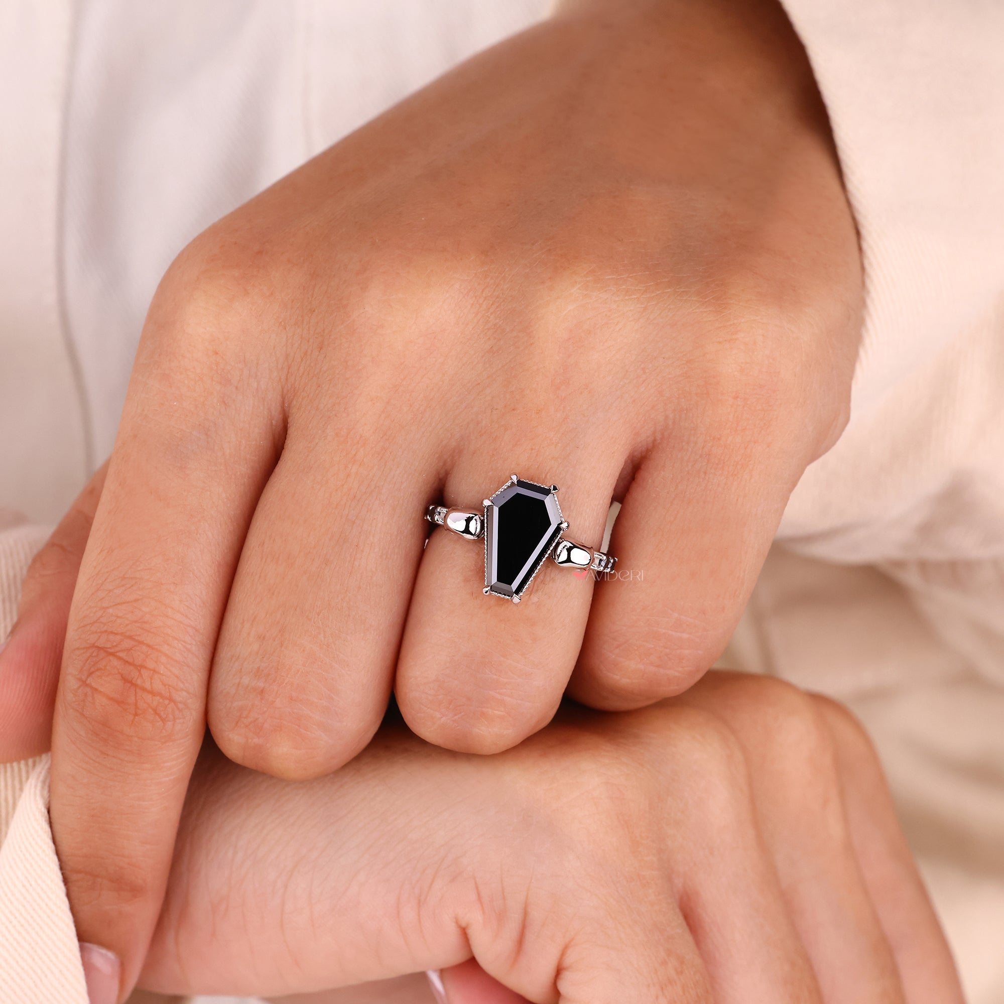 Coffin Cut Black Moissanite Ring With Two Small Skulls Style