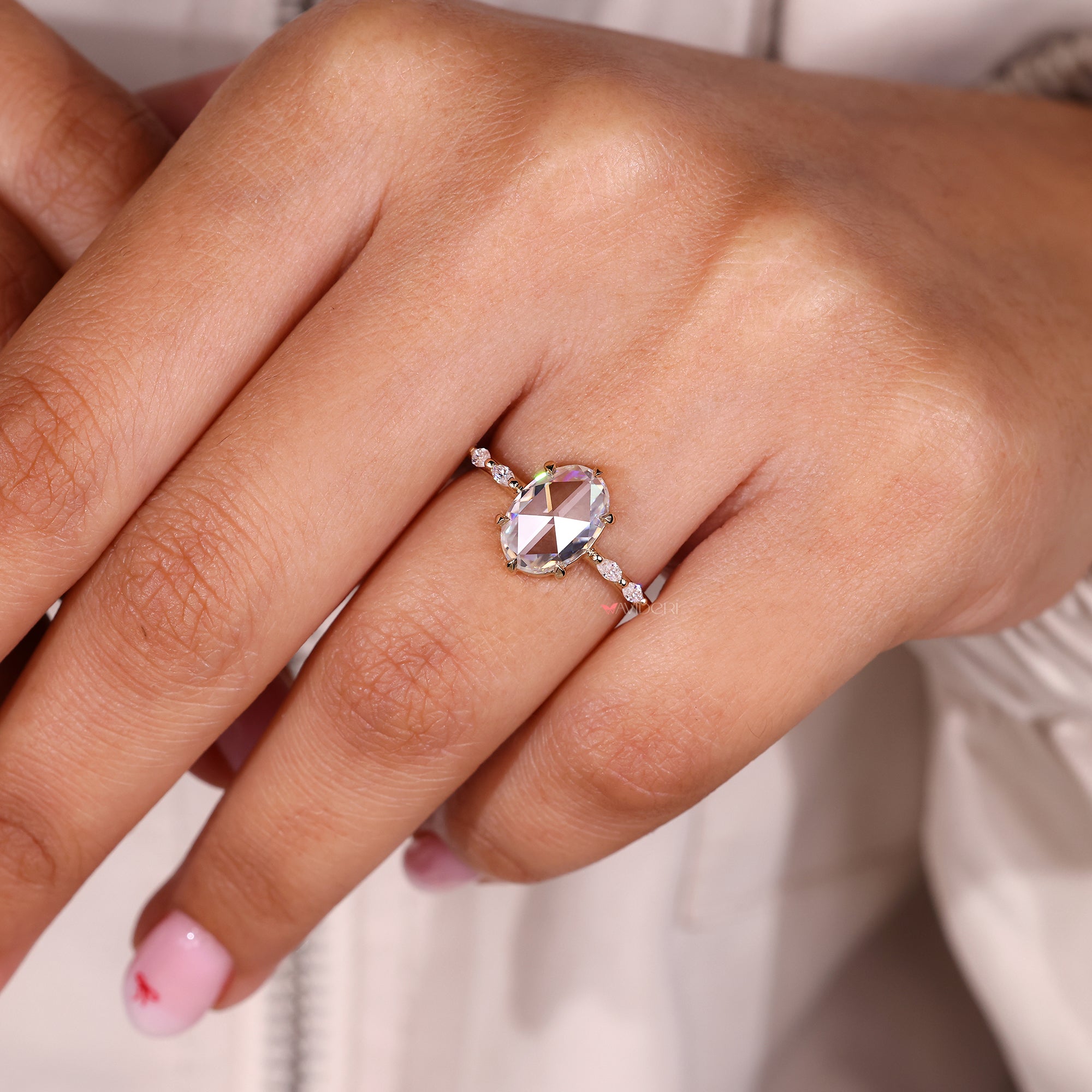 Oval rose cut ring, marquise side stone ring, handmade jewelry.