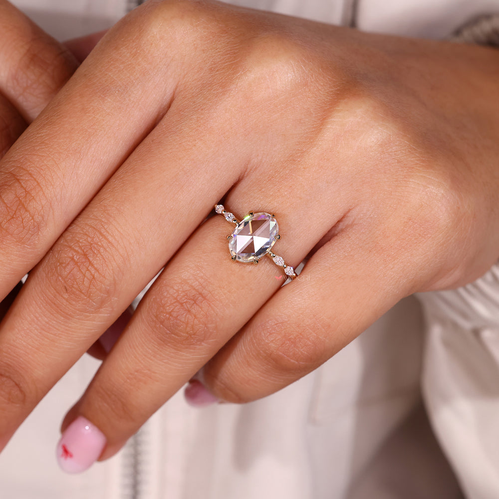 Oval rose cut ring, marquise side stone ring, handmade jewelry.
